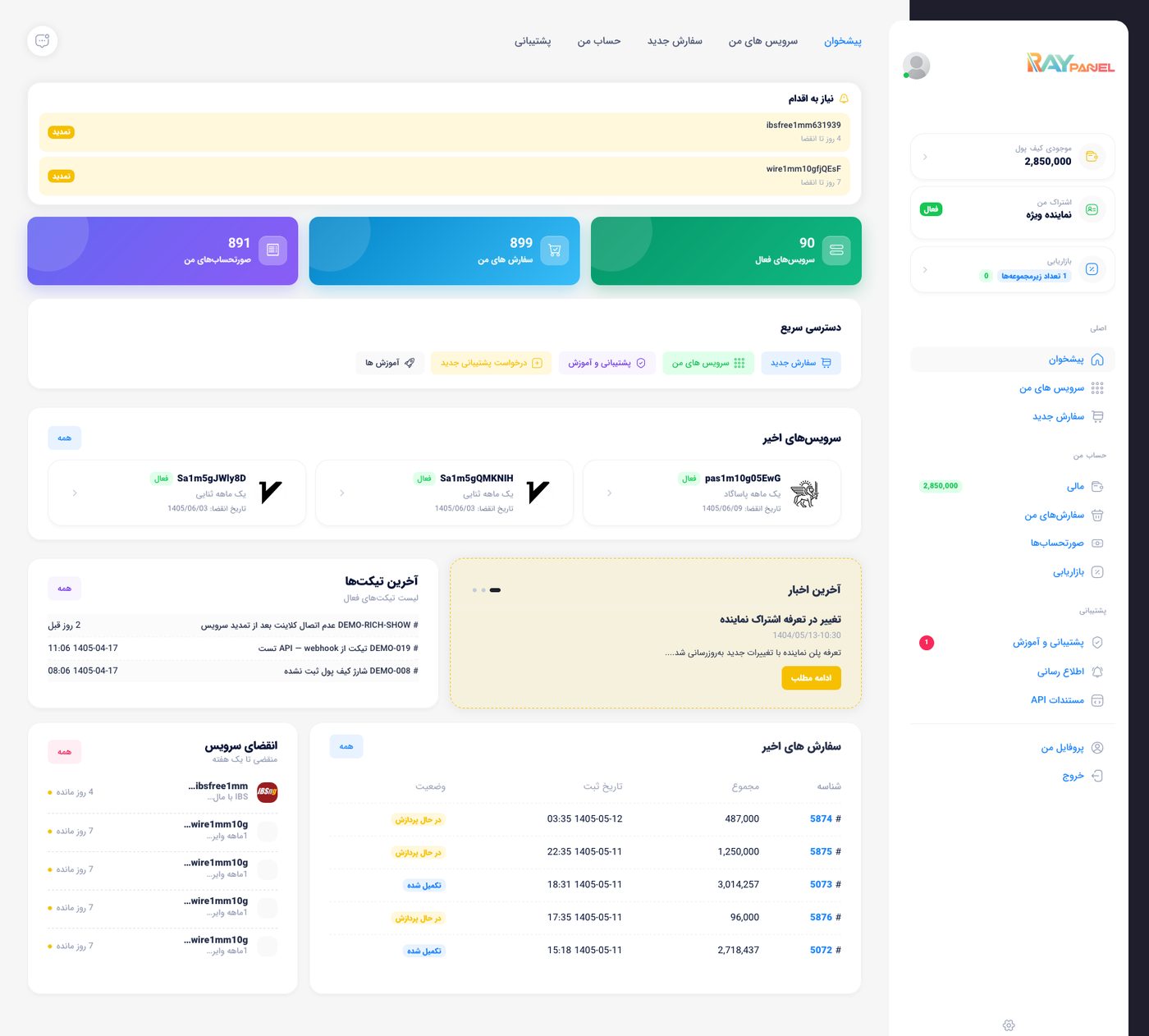 پیشخوان پنل مشتری رای‌پنل با سرویس، سفارش و تیکت